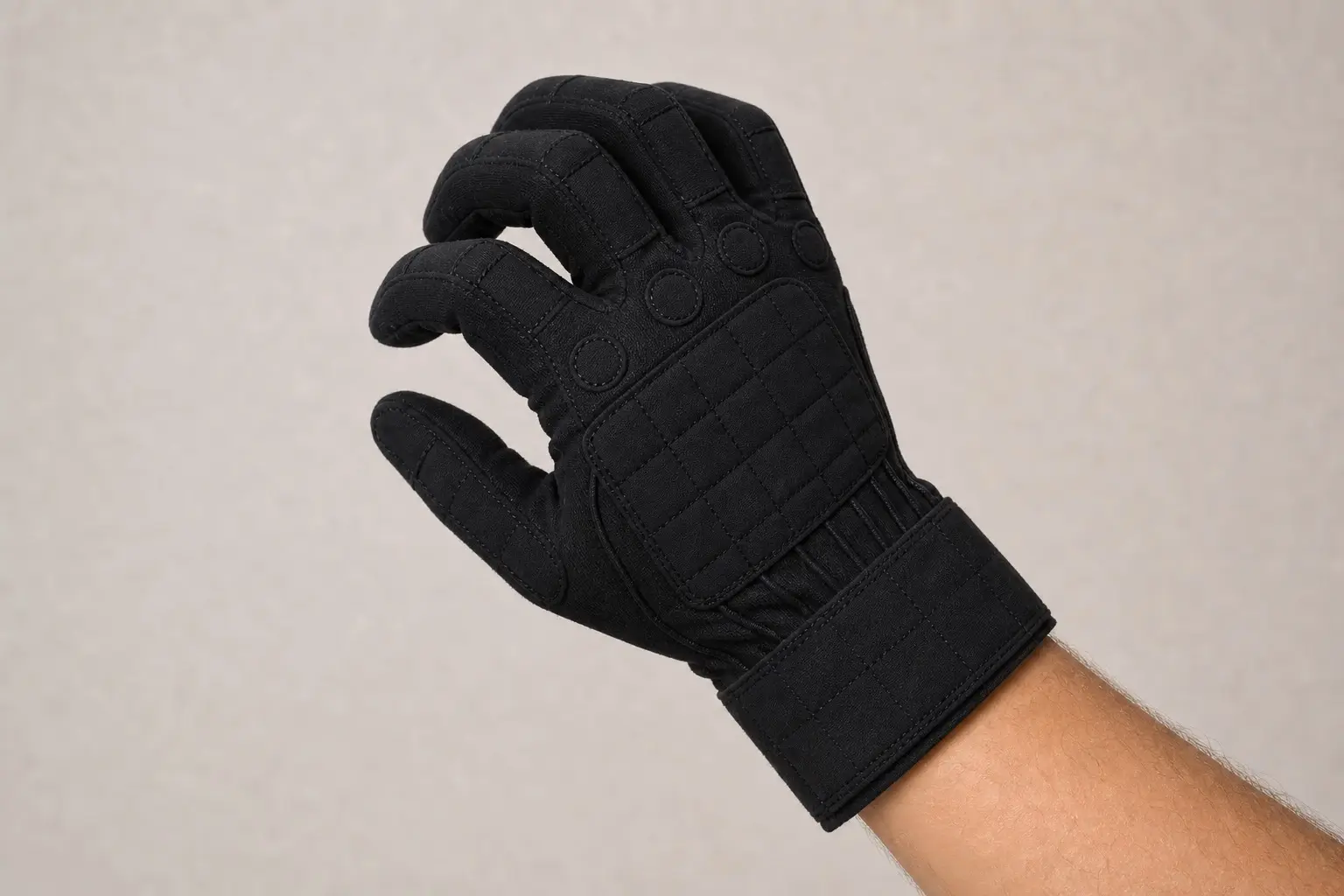 Fabric-covered glove with bent fingers