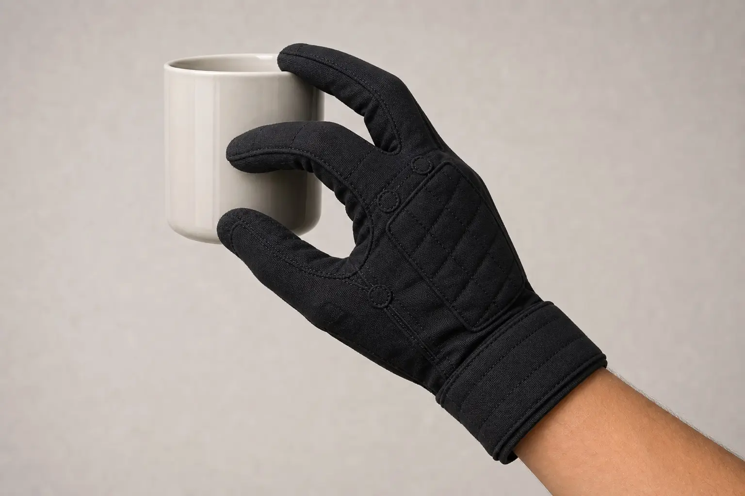 Fabric-covered glove gripping an object